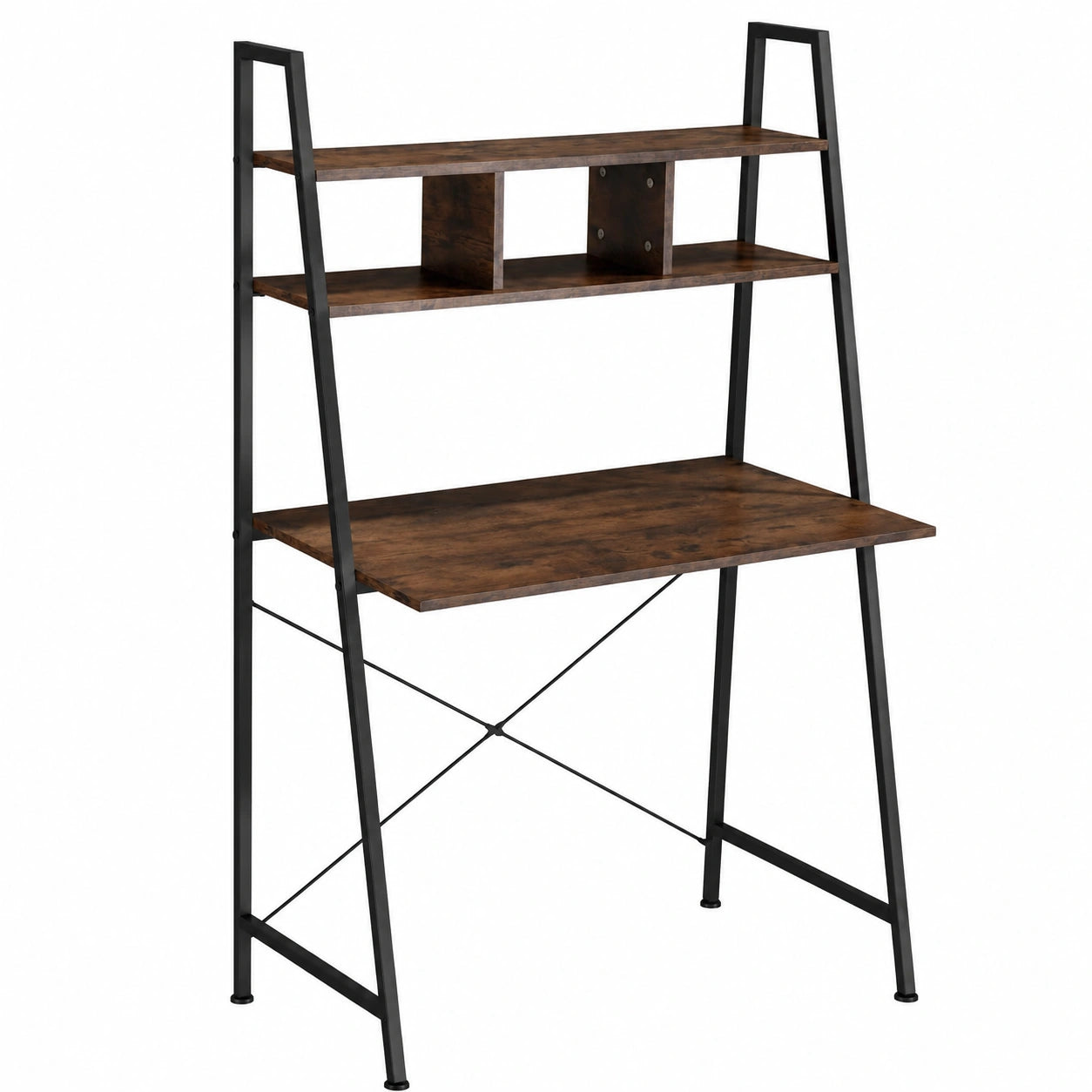 Industrieller Bürotisch mit Regal und Stauraum, Dunkelbraun, 85,5x46,5x140 cm