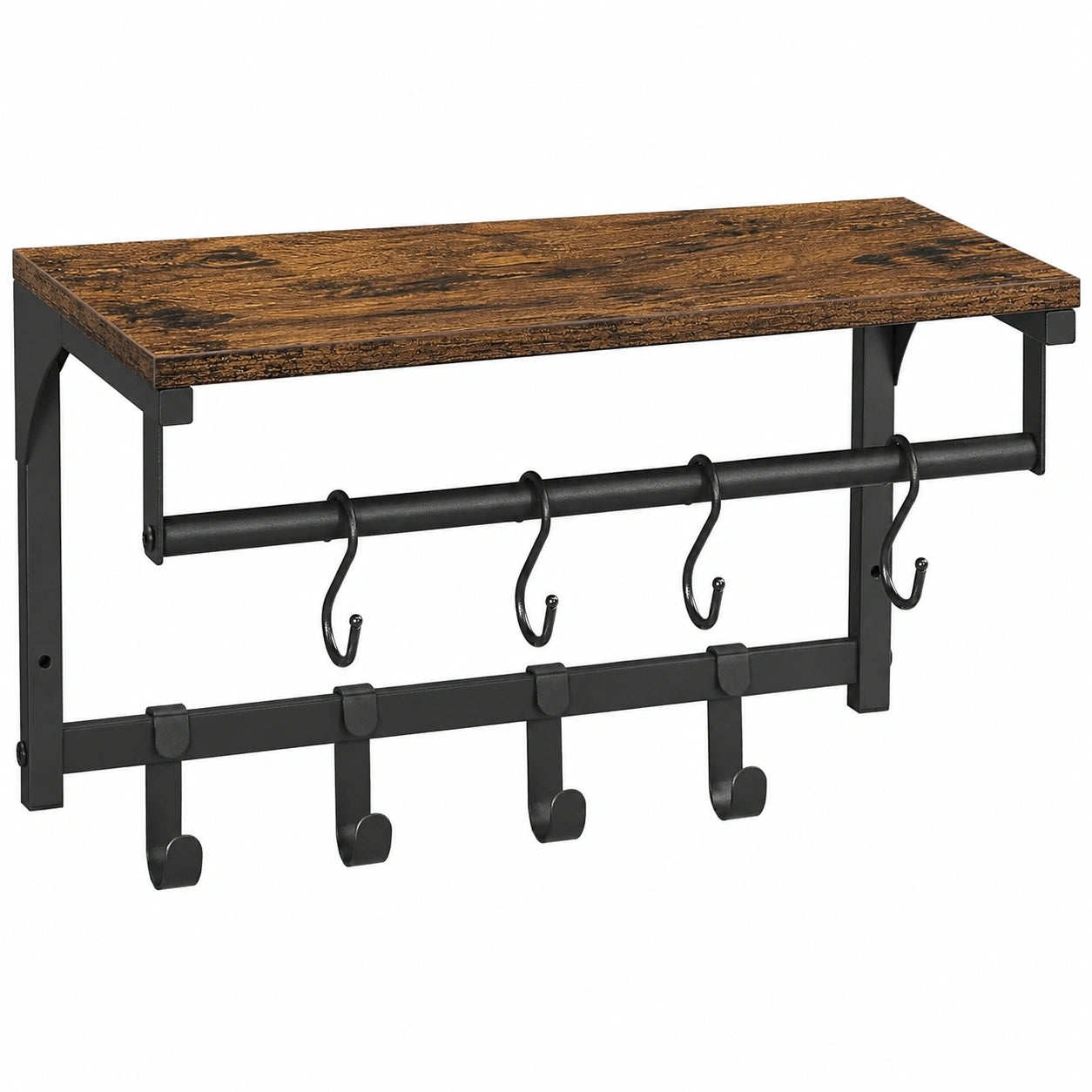 VASAGLE Rustikale Wandgarderobe mit Regal und 8 Haken, Flurmöbel aus Metall und Holz, für Wohnzimmer und Schlafzimmer