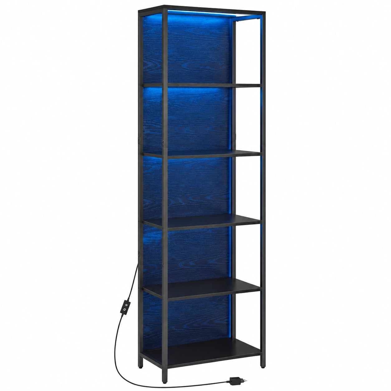 VASAGLE 6-stufiges Bücherregal mit LED, modernes Regal mit Stahlrahmen, 30 x 60 x 179 cm, ideal für Wohnzimmer, Schlafzimmer, Büro, Schwarz